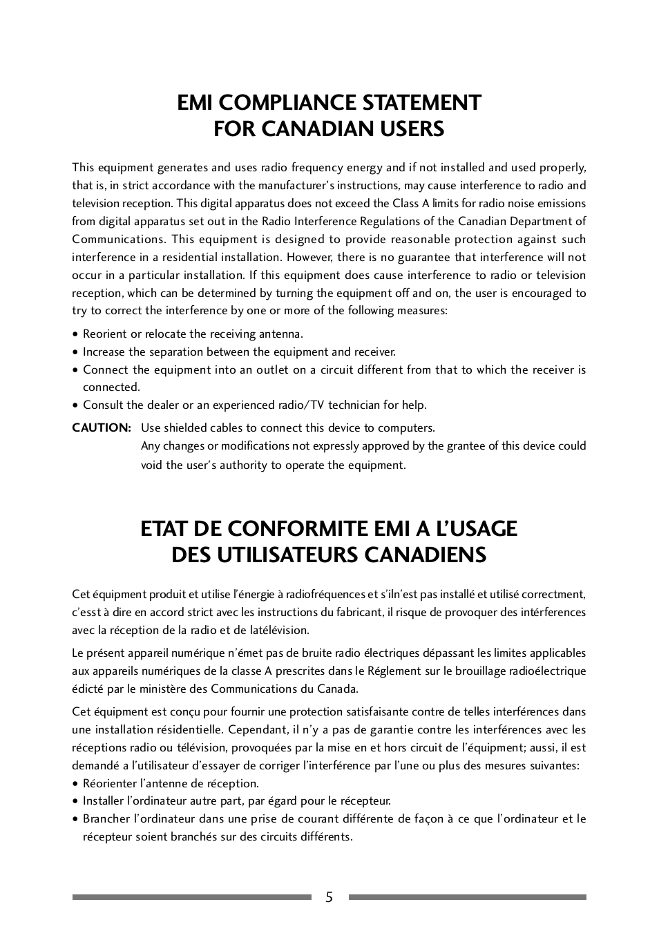 Emi compliance statement for canadian users | CITIZEN CLP-521 User Manual | Page 5 / 54