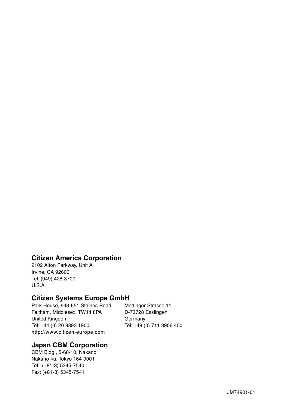 Citizen america corporation, Citizen systems europe gmbh, Japan cbm corporation | CITIZEN CLP-521 User Manual | Page 54 / 54