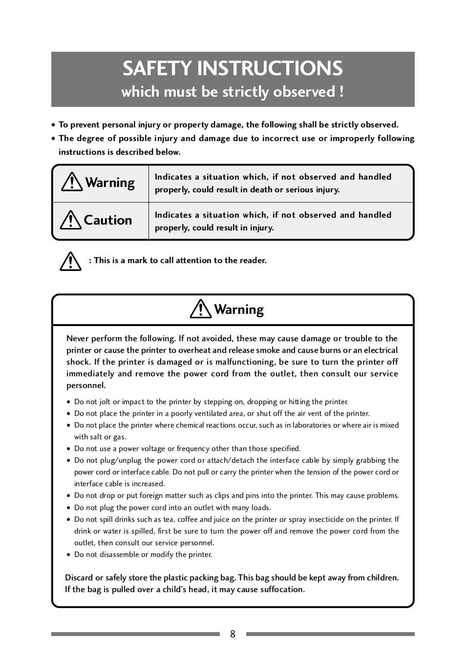 Safety instructions, Which must be strictly observed, Caution | Warning | CITIZEN CLP-521 User Manual | Page 8 / 54