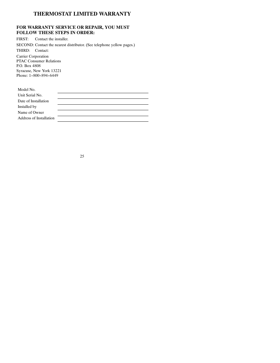 Thermostat limited warranty | Carrier PTACSTAT-NP-HP User Manual | Page 25 / 32