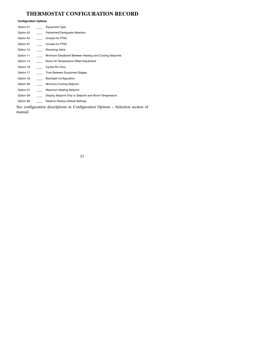 Thermostat configuration record | Carrier PTACSTAT-NP-HP User Manual | Page 31 / 32