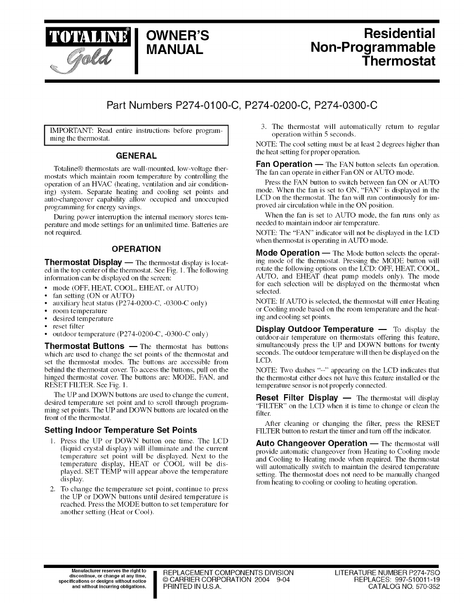 Carrier P274-0200-C User Manual | 4 pages