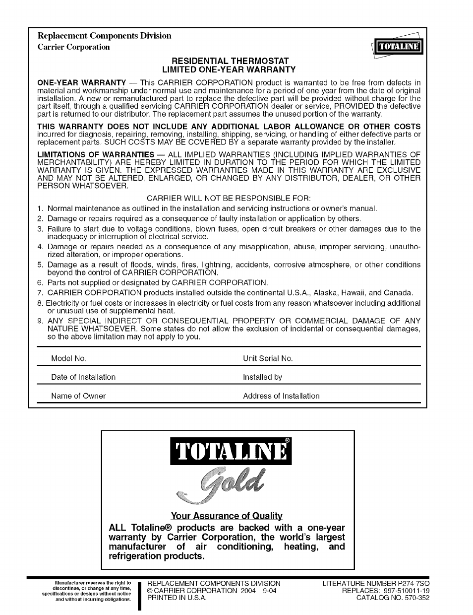Residential thermostat limited one-year warranty | Carrier P274-0200-C User Manual | Page 4 / 4