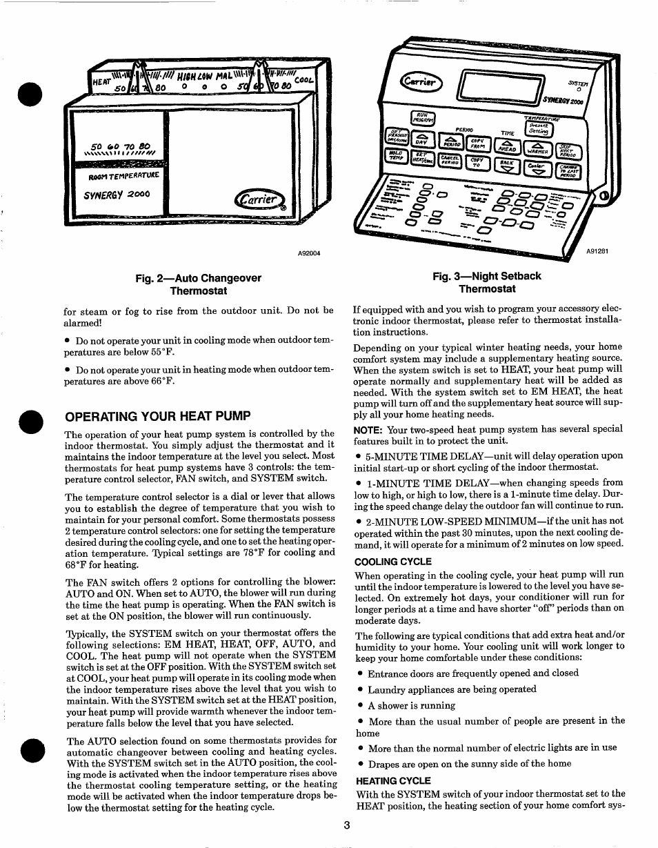 Fig. 2—auto changeover thermostat, Operating your heat pump | Carrier SYNERGY 38YD User Manual | Page 3 / 9