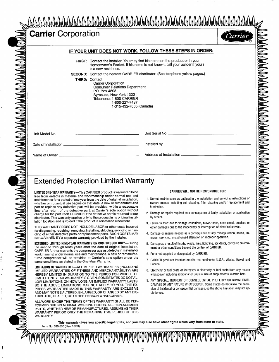 Extended protection limited warranty | Carrier SYNERGY 38YD User Manual | Page 8 / 9