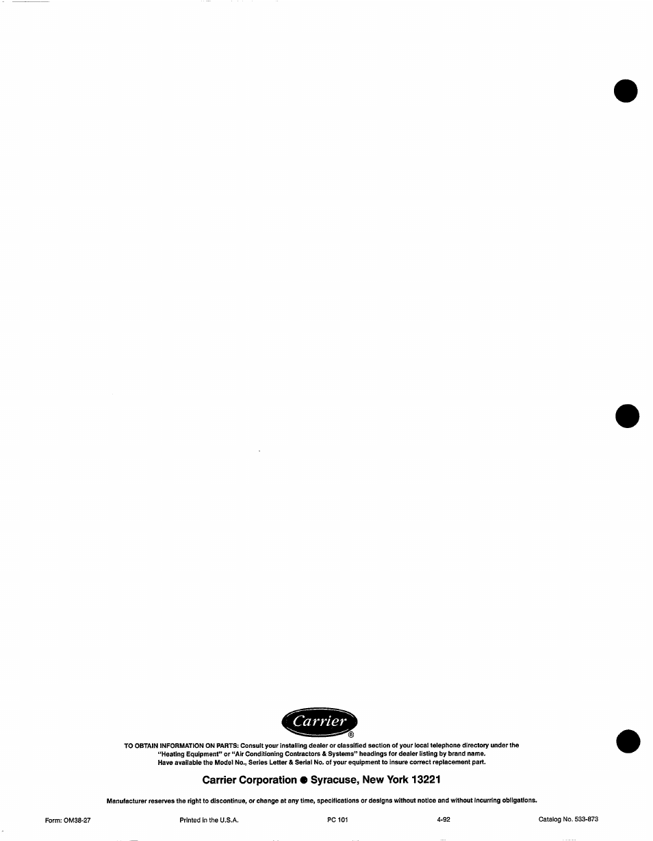 Carrier corporation • syracuse, new york 13221 | Carrier SYNERGY 38YD User Manual | Page 9 / 9