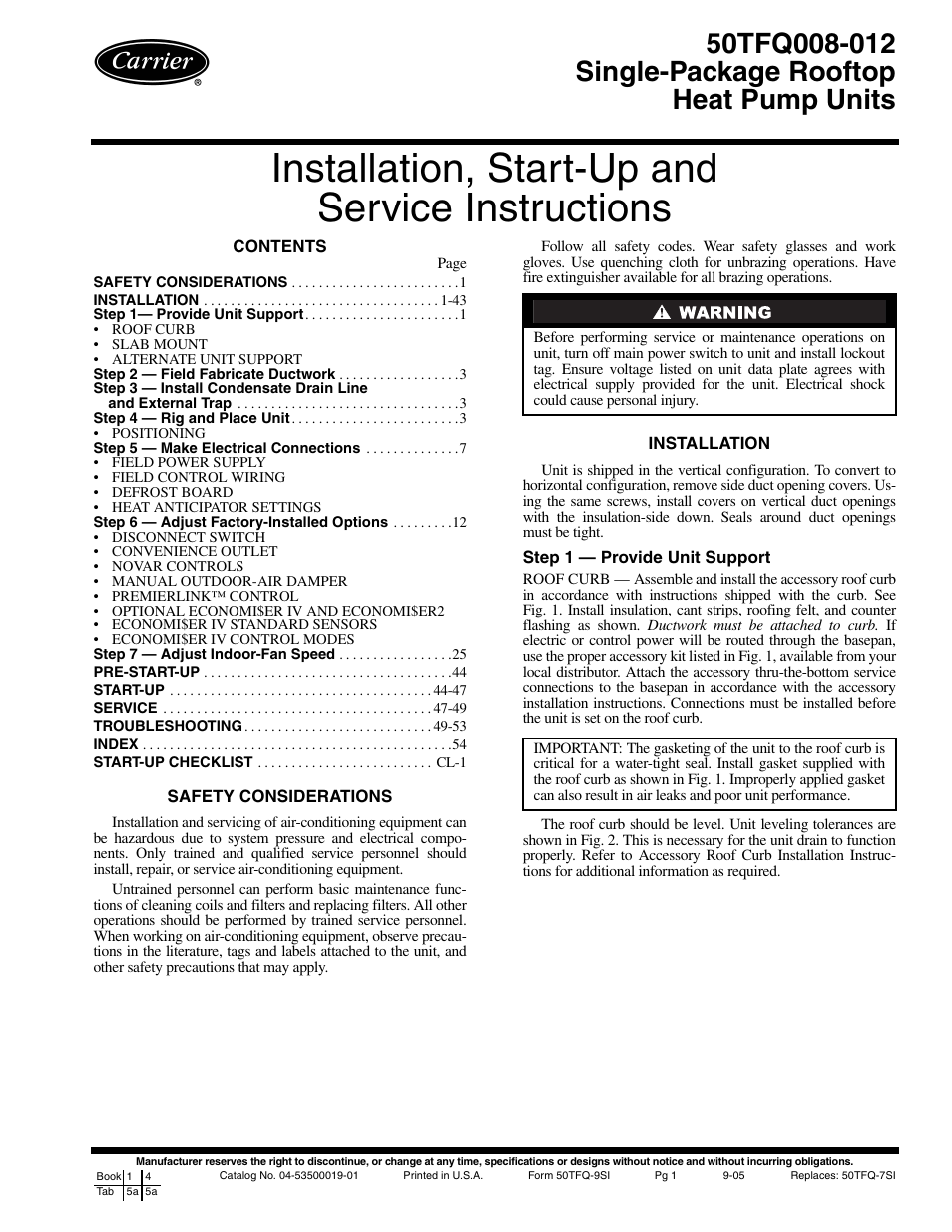 Carrier 50TFQ008-012 User Manual | 56 pages