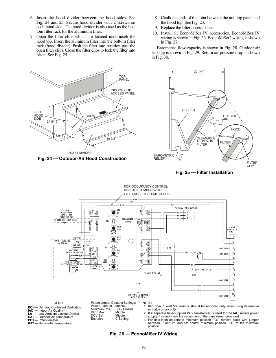 Fig. 24 — outdoor-air hood construction, Fig. 25 — filter installation, Fig. 26 — economi$er iv wiring | Carrier 50TFQ008-012 User Manual | Page 19 / 56