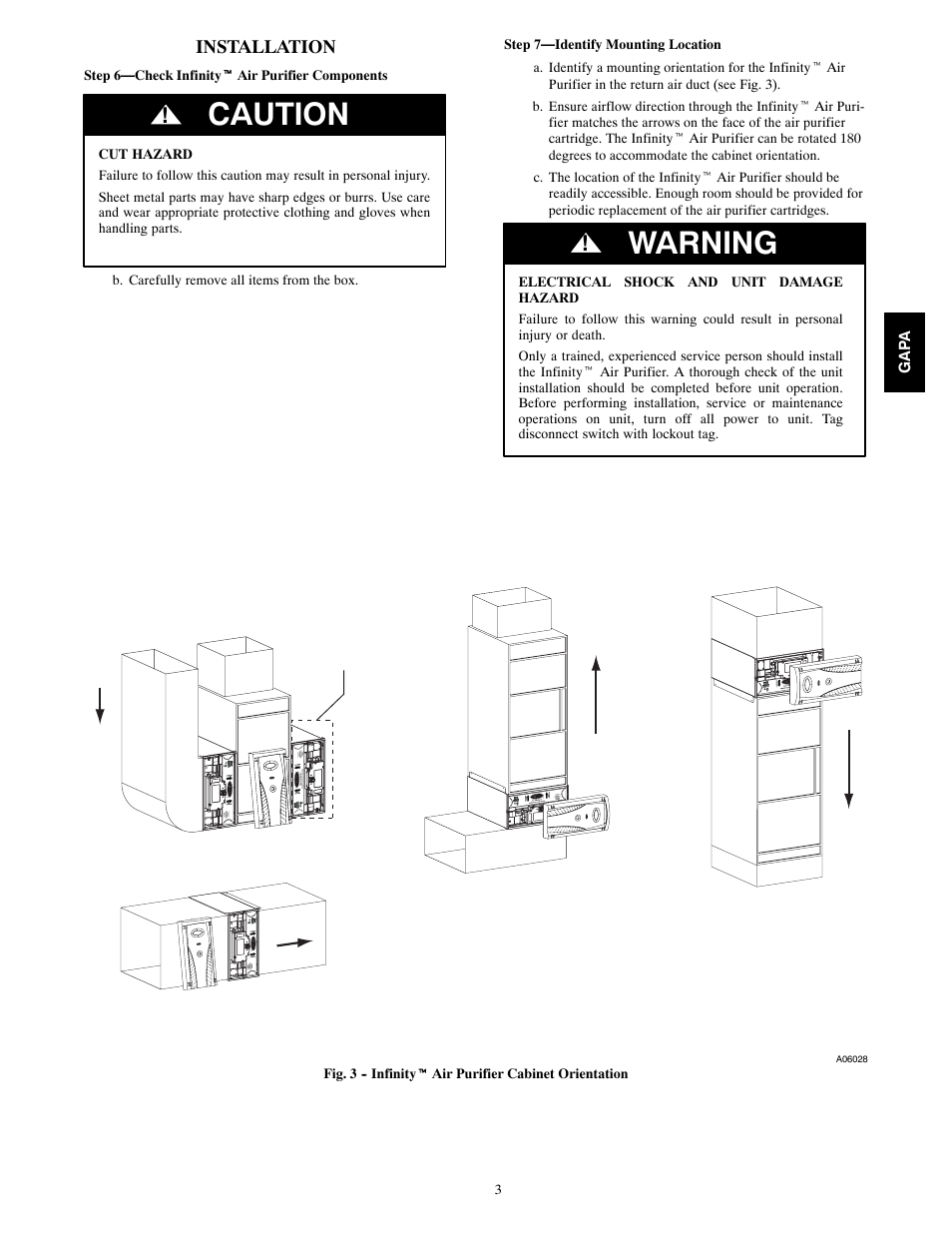 Caution, Warning, Installation | Carrier INFINITY 2025 User Manual | Page 3 / 10