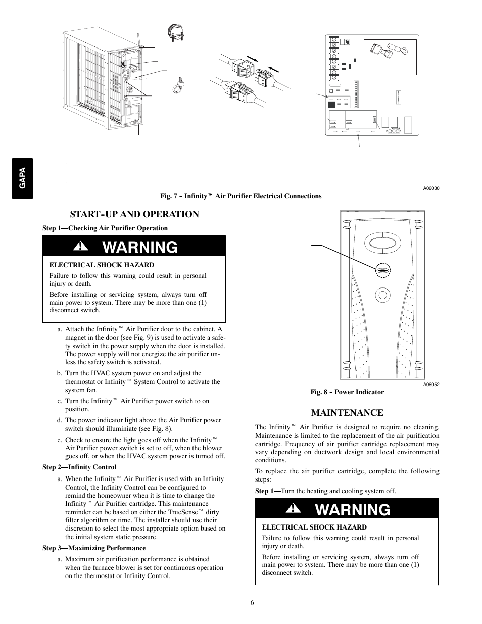 Warning, Start--up and operation, Maintenance | Gap a, Fig. 8 -- power indicator | Carrier INFINITY 2025 User Manual | Page 6 / 10