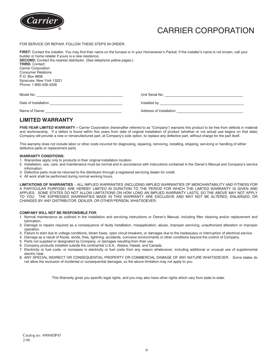 Carrier corporation, Limited warranty | Carrier INFINITY 2025 User Manual | Page 9 / 10