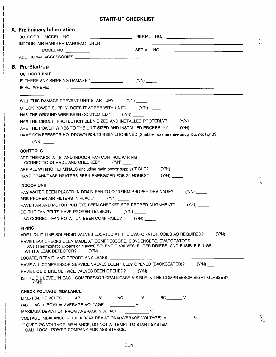 Start-up checklist a. preliminary information, B. pre-start-up | Carrier 38AH024-034 User Manual | Page 24 / 26