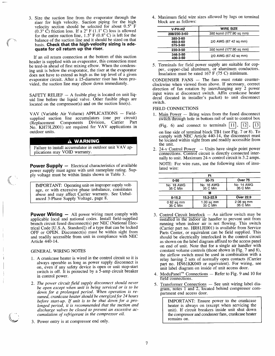 Warning, Power supply, Power wiring | Carrier 38AH024-034 User Manual | Page 7 / 26