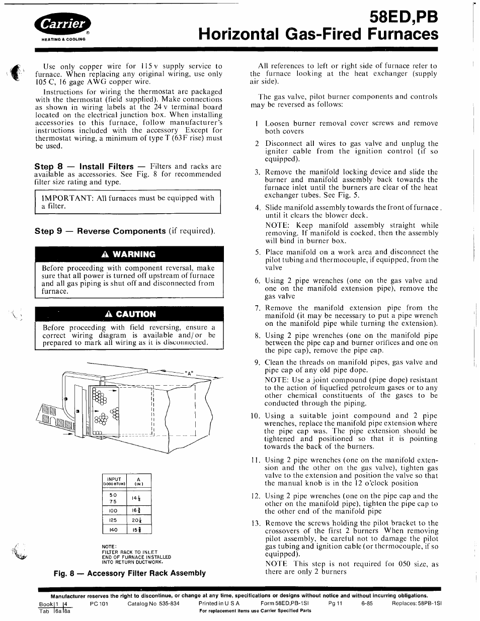 Step 9 — reverse components (if required), A warning, A caution | Fig. 8 — accessory filter rack assembly, Step 9 — reverse components, If required) -13, 58ed,pb horizontal gas-fired furnaces, Warning, Caution | Carrier 580PB User Manual | Page 11 / 18