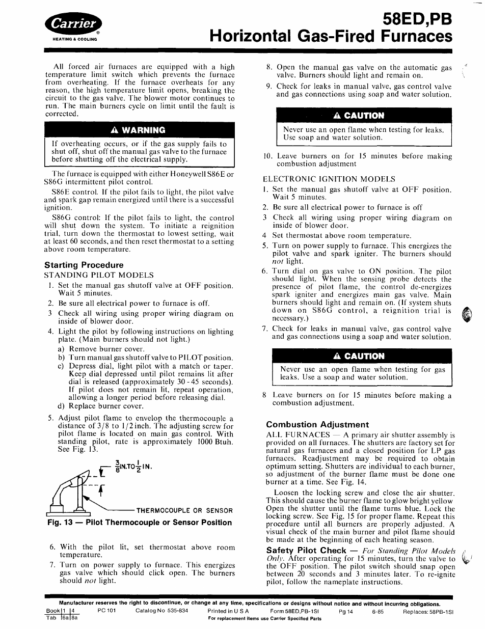 Starting procedure, A caution, Combustion adjustment | 58ed,pb horizontal gas-fired furnaces | Carrier 580PB User Manual | Page 14 / 18