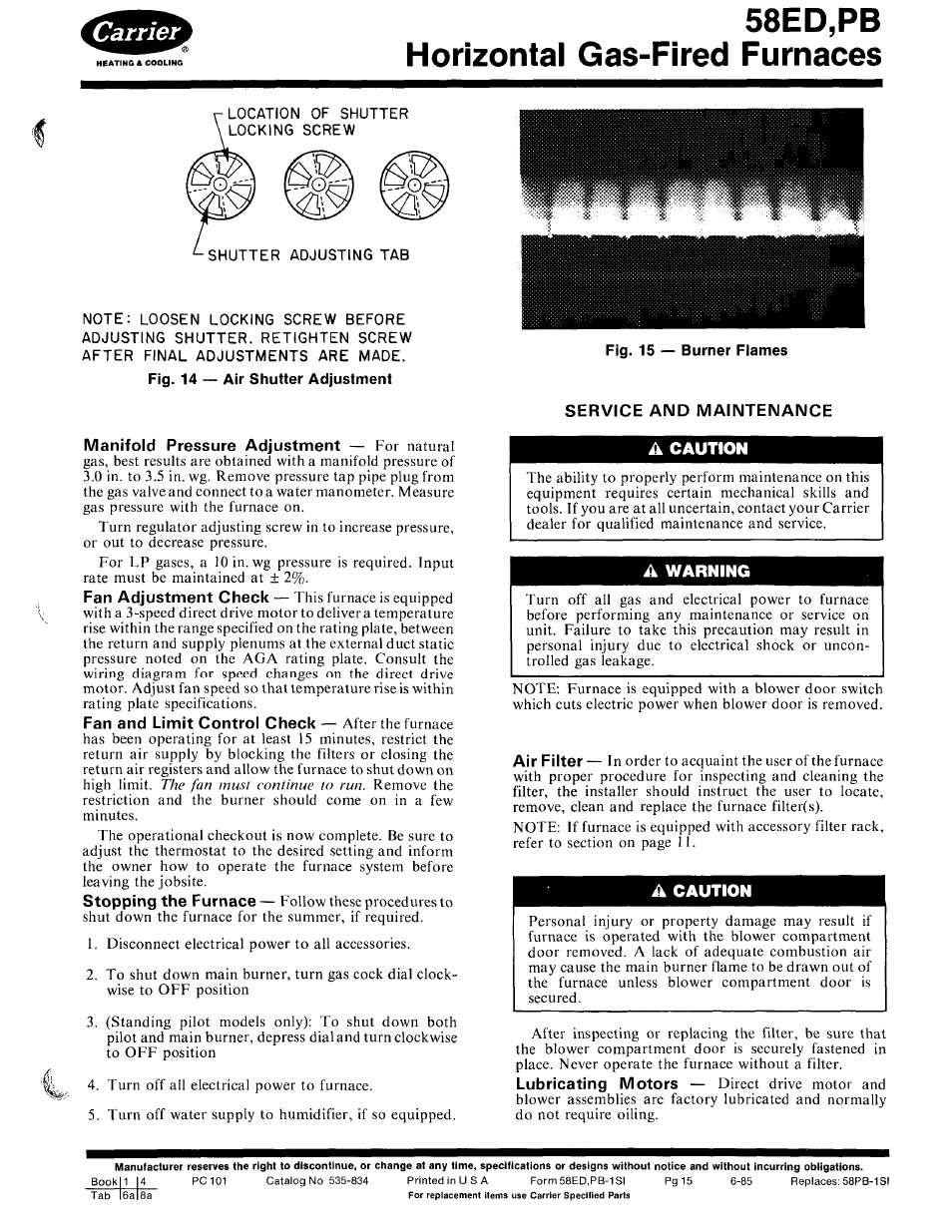 Shutter adjusting tab, Fig. 14 — air shutter adjustment, Service and maintenance | A caution, A warning, Service and maintenance -17, 58ed,pb horizontal gas-fired furnaces | Carrier 580PB User Manual | Page 15 / 18