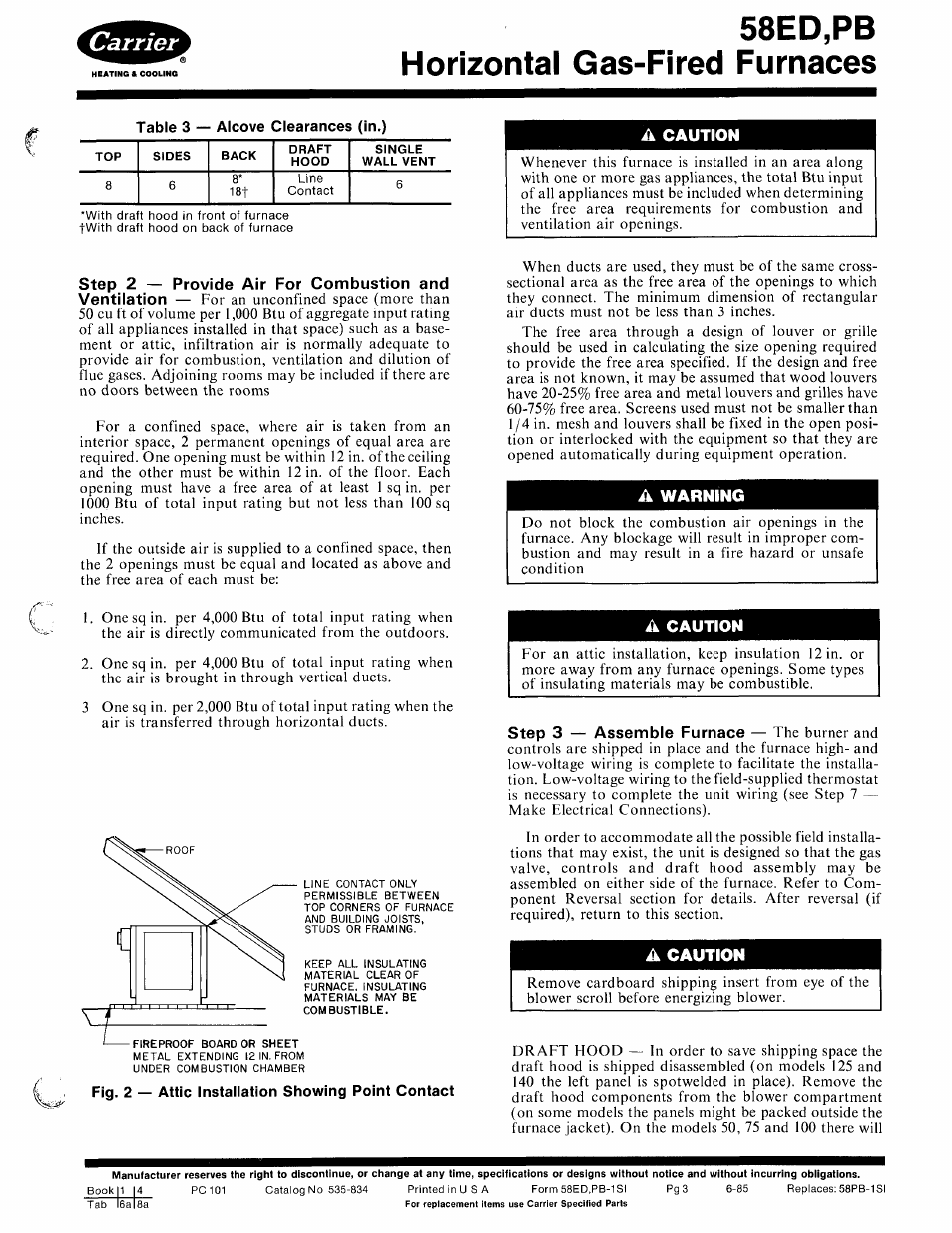 A caution, A warning, 58ed,pb horizontal gas-fired furnaces | Caution, Warning, Step 3 — assemble furnace | Carrier 580PB User Manual | Page 3 / 18