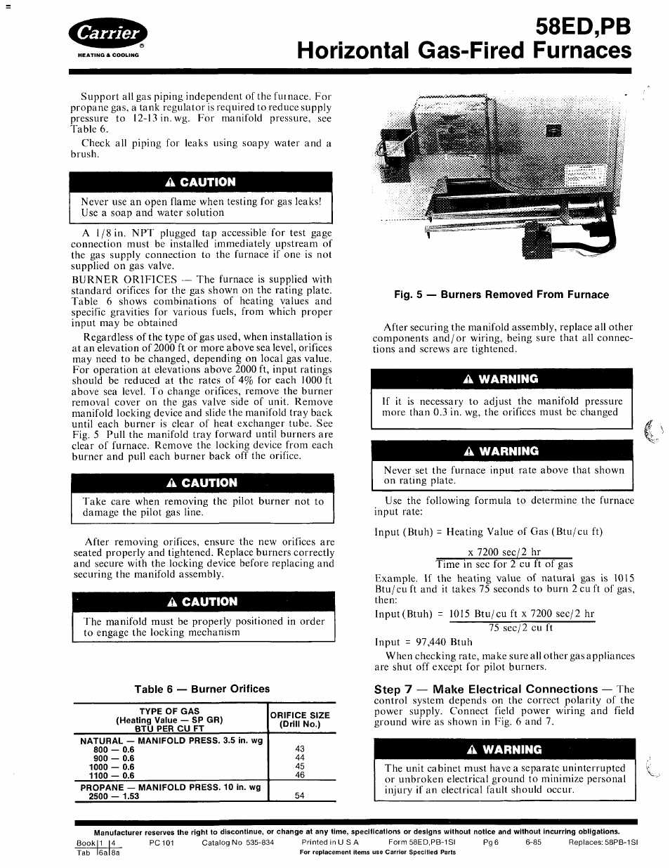 A caution, A warning, Step 7 — make electrical connections — the | Step, Make electrical connections, 58ed,pb horizontal gas-fired furnaces | Carrier 580PB User Manual | Page 6 / 18