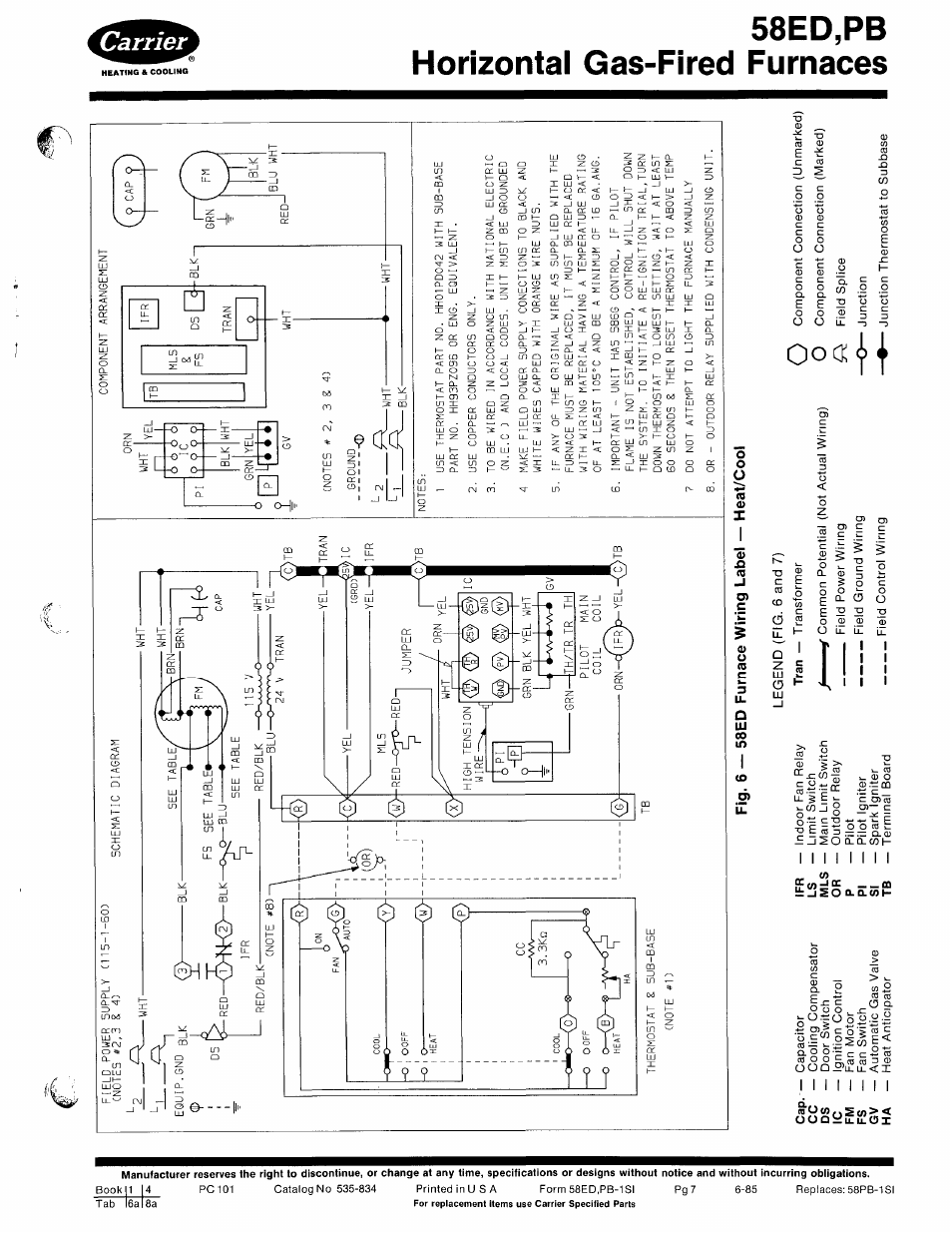 Fig. 6 — 58ed furnace wiring label — heat/cool, T| cn, C 00 | Carrier 580PB User Manual | Page 7 / 18