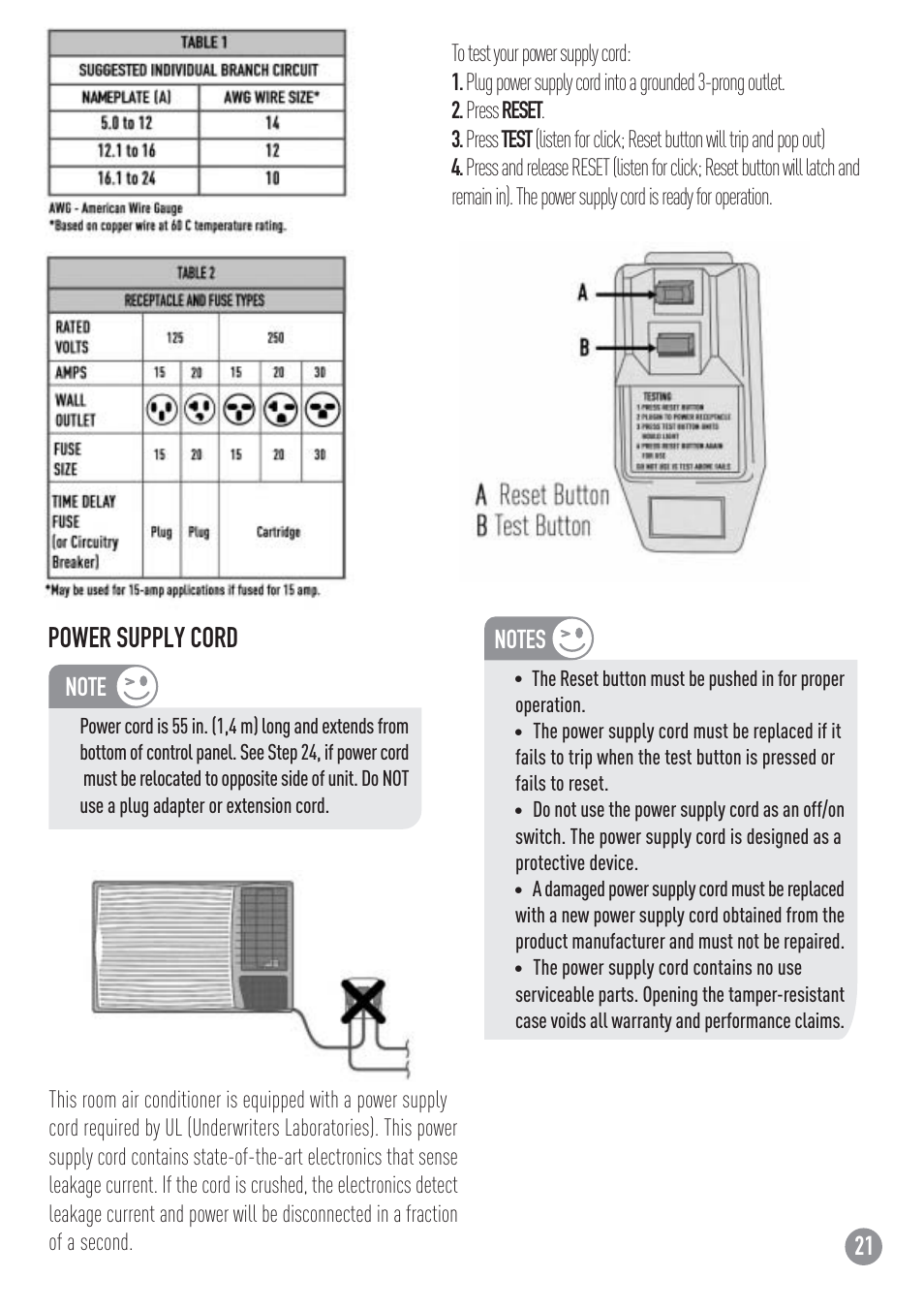 Power supply cord | Carrier ZC User Manual | Page 21 / 28