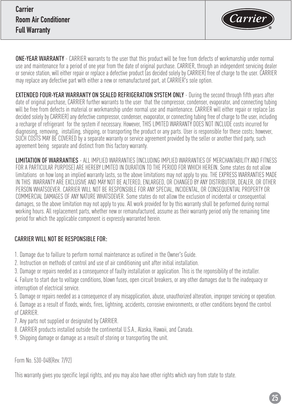 25 carrier room air conditioner full warranty | Carrier ZC User Manual | Page 25 / 28