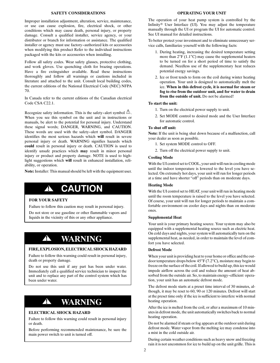 Caution, Warning | Carrier INFINITY 50XT-A User Manual | Page 2 / 4