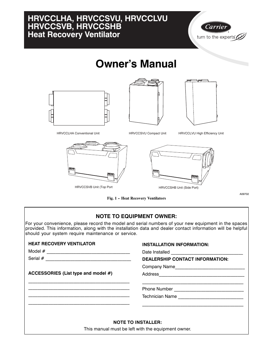 Carrier HRVCCLVU User Manual | 4 pages