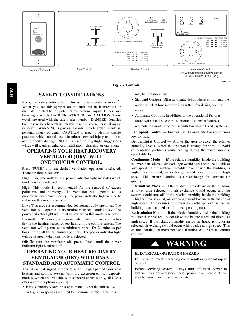 Warning, Safety considerations, Hr v | Carrier HRVCCLVU User Manual | Page 2 / 4