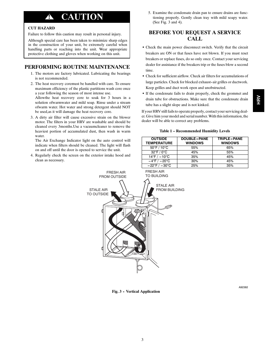 Caution, Performing routine maintenance, Before you request a service call | Carrier HRVCCLVU User Manual | Page 3 / 4