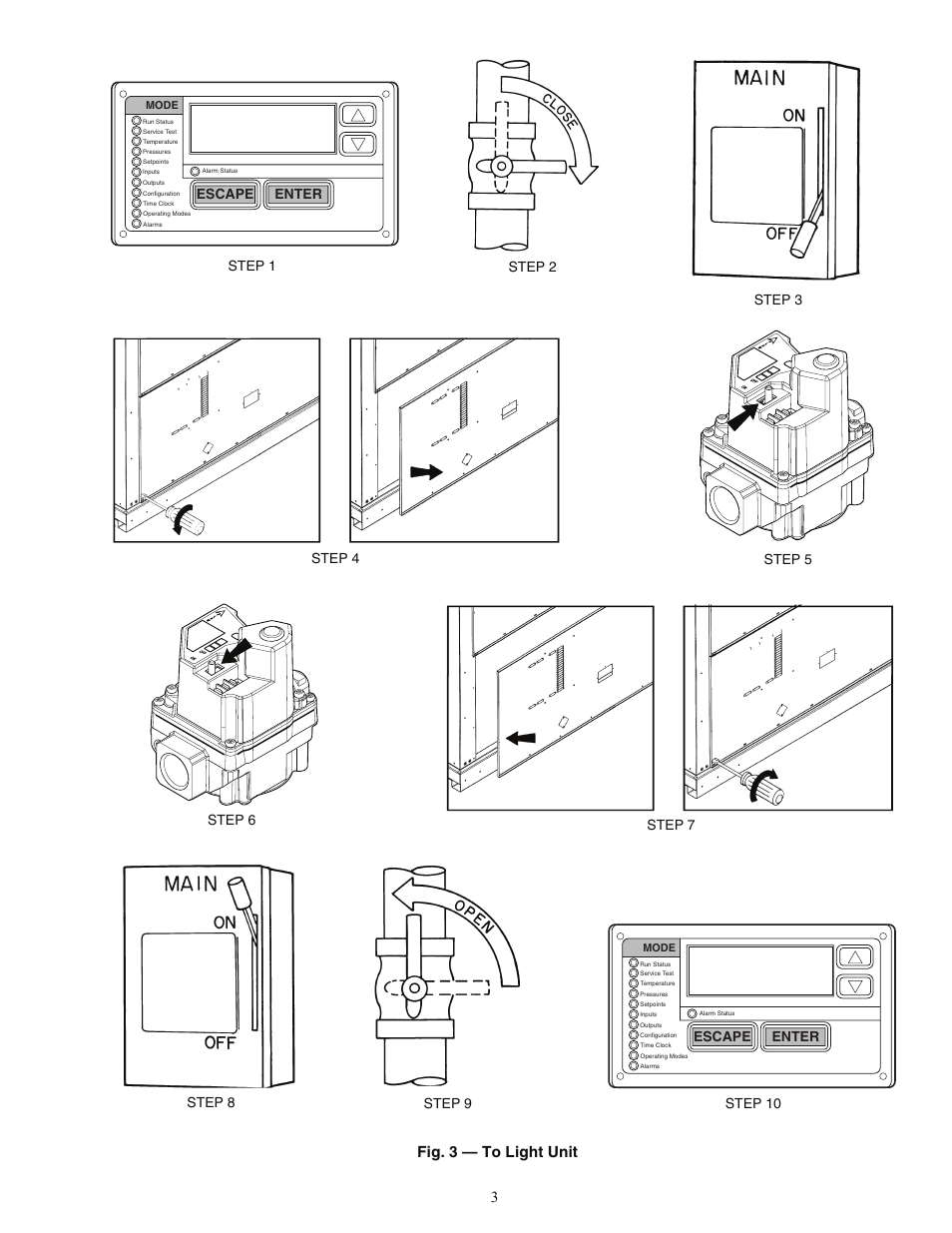 Fig. 3 — to light unit, Step 1, Enter | Escape | Carrier COMFORTLINK 48A3 User Manual | Page 3 / 8