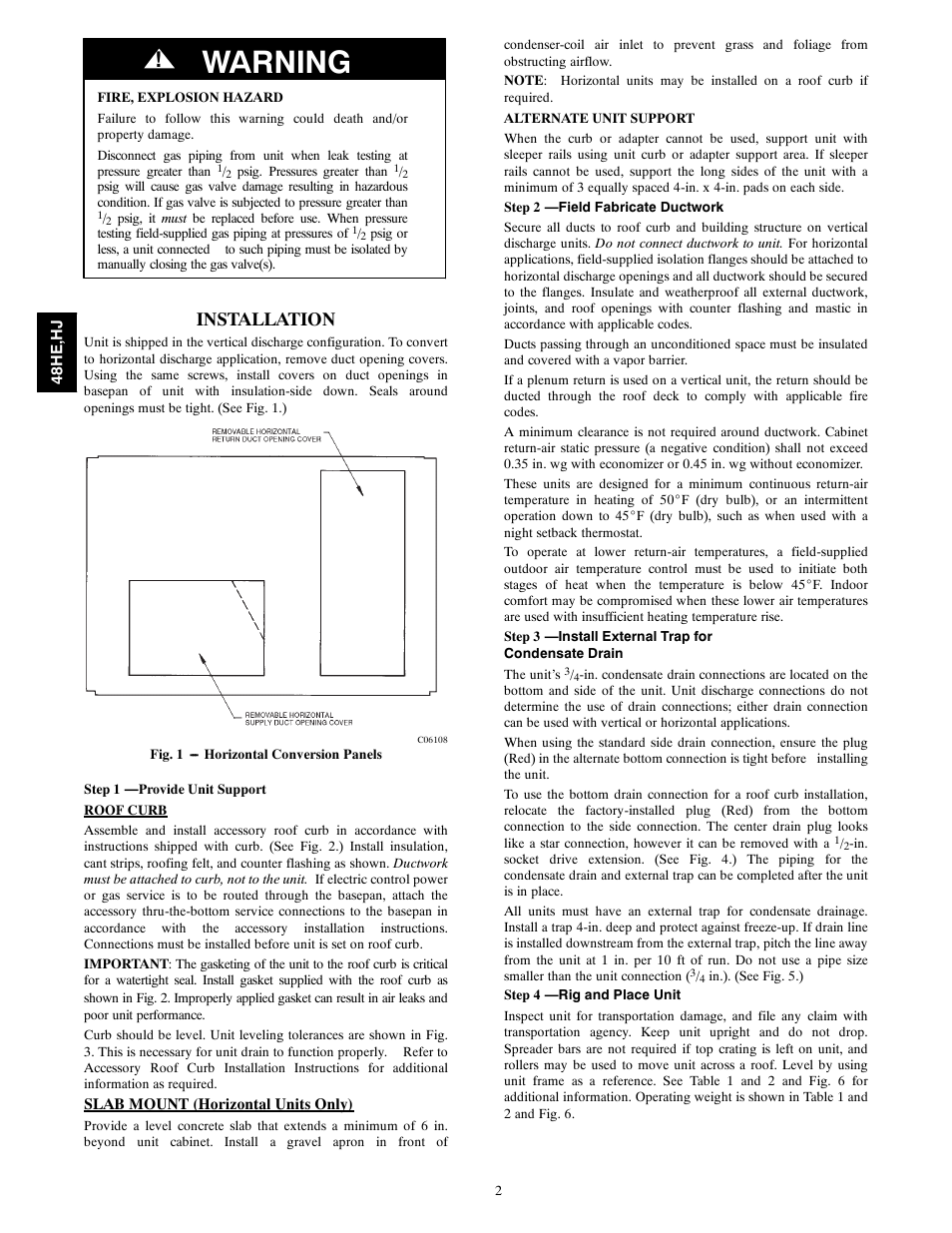 Warning, Installation | Carrier 48HJ004---007 User Manual | Page 2 / 64