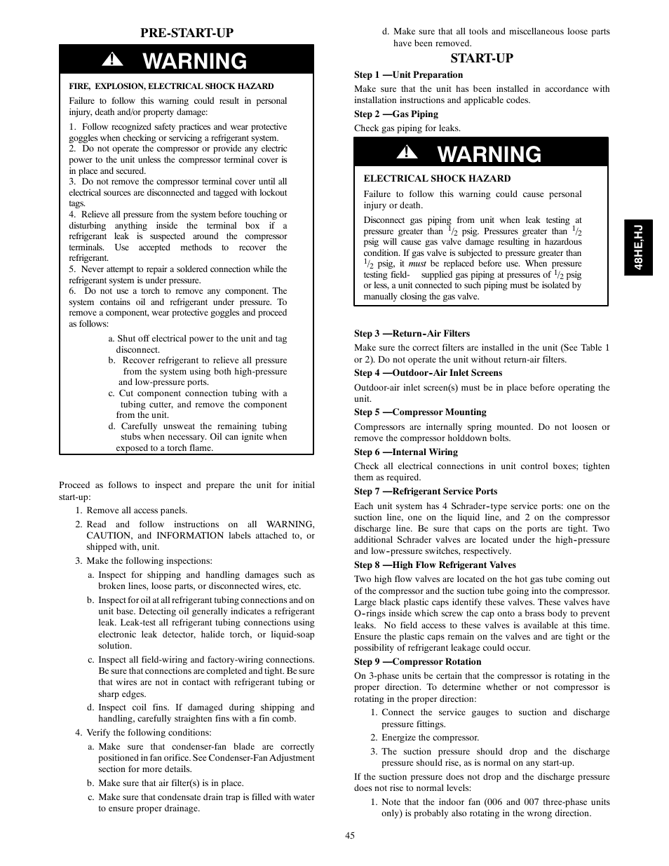 Warning, Pre-start-up, Start-up | Carrier 48HJ004---007 User Manual | Page 45 / 64