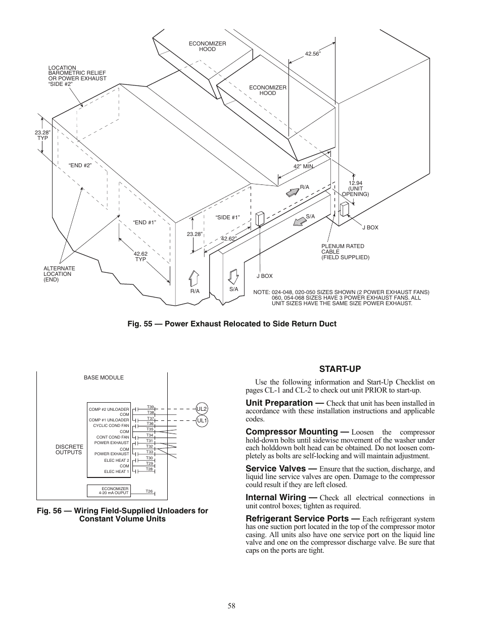Start-up, Unit preparation, Compressor mounting | Service valves, Internal wiring, Refrigerant service ports | Carrier 48AJ User Manual | Page 58 / 118