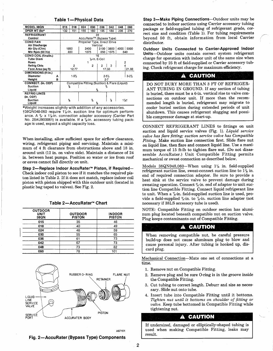 A caution, Fig. 2—accurater (bypass type) components, Table 1—physical data | Table 2—accurater™ chart | Carrier 38QN User Manual | Page 2 / 8