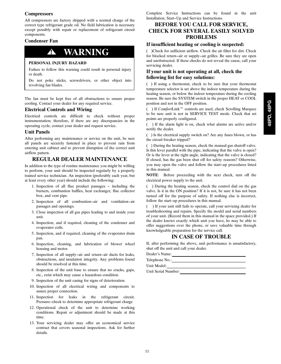 Warning, Regular dealer maintenance | Carrier 06 User Manual | Page 11 / 12