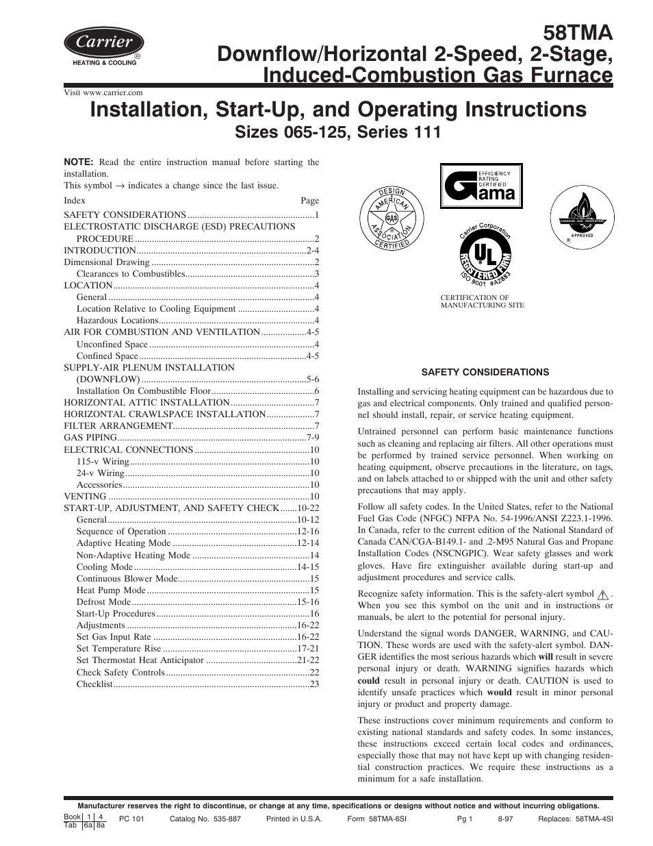 Carrier DOWNFLOW HORIZONTAL 2-SPEED User Manual | 24 pages