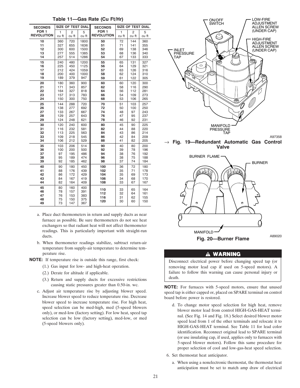 Table 11—gas rate (cu ft/hr), Fig. 19—redundant automatic gas control valve, Fig. 20—burner flame | Carrier DOWNFLOW HORIZONTAL 2-SPEED User Manual | Page 21 / 24