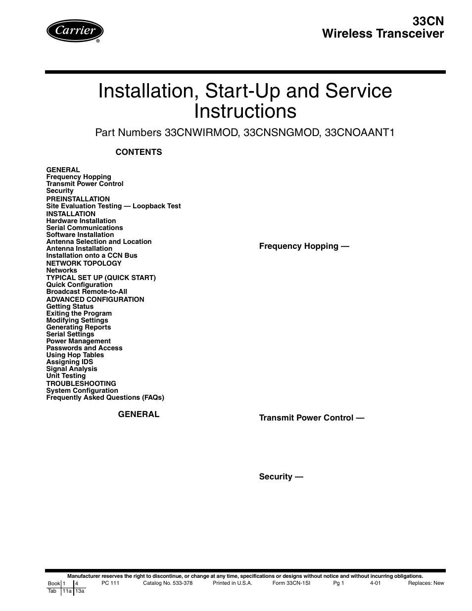Carrier WIRELESS TRANSCEIVER 33CNOAANT1 User Manual | 16 pages