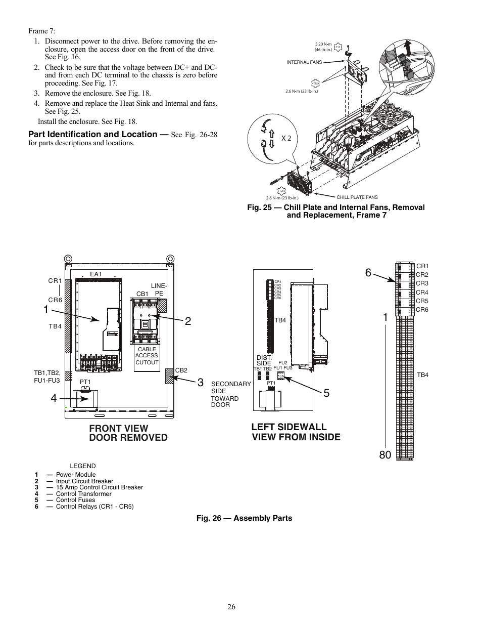 Part identification and location, Fig. 26 — assembly parts, 3p ktk/fnq-r 30a | Secondary side, Cr6 ea1 cb1, Secondary side toward door cb2, Line- pe | Carrier 19XRV User Manual | Page 26 / 40