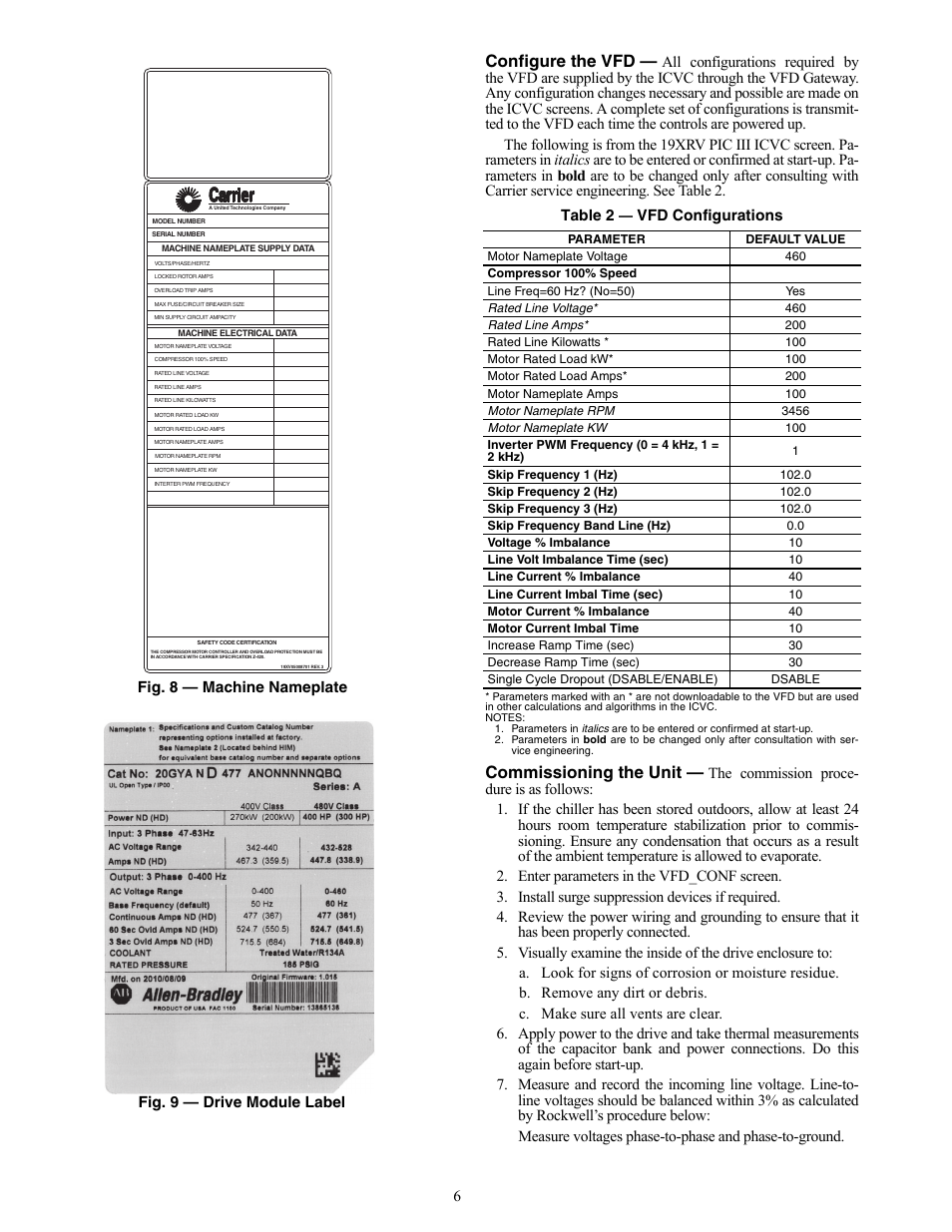 Configure the vfd, Commissioning the unit, Vfd configurations | Carrier 19XRV User Manual | Page 6 / 40