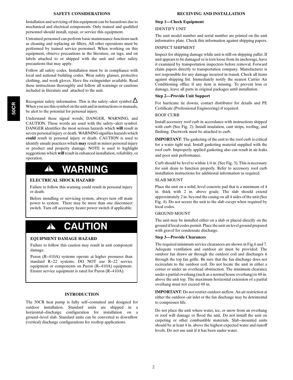 Warning, Caution | Carrier 50CR User Manual | Page 2 / 32