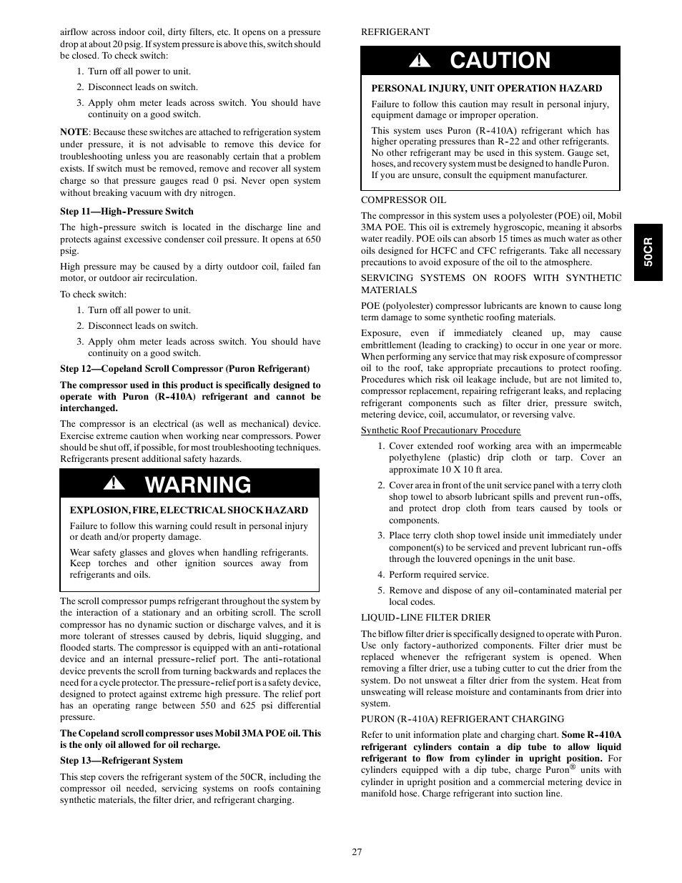 Warning, Caution | Carrier 50CR User Manual | Page 27 / 32