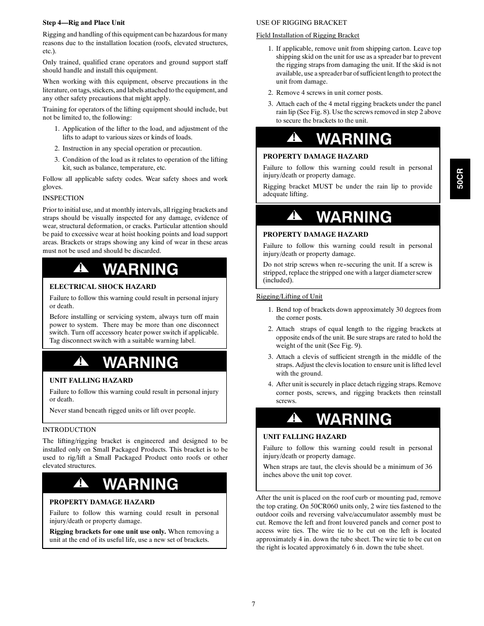 Warning | Carrier 50CR User Manual | Page 7 / 32