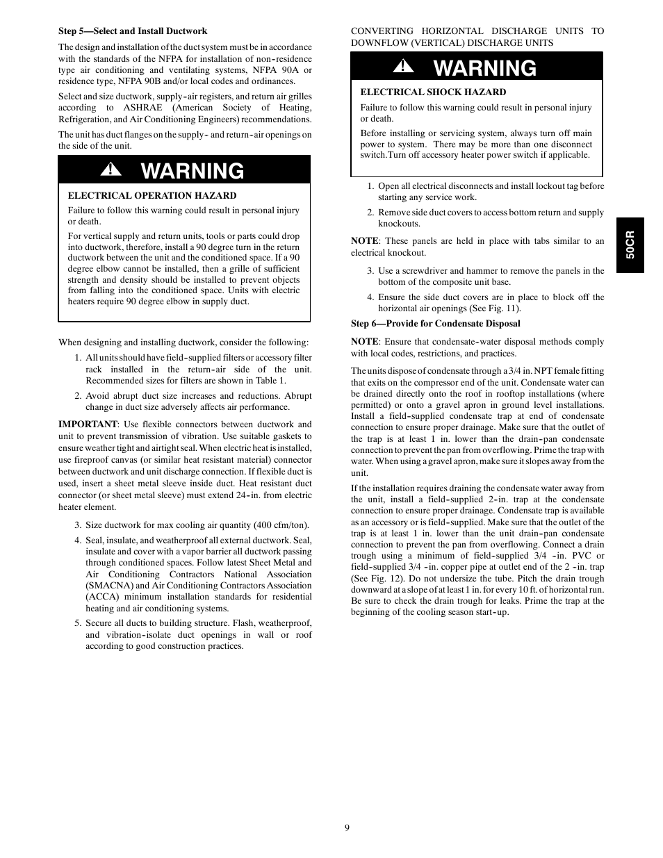 Warning | Carrier 50CR User Manual | Page 9 / 32