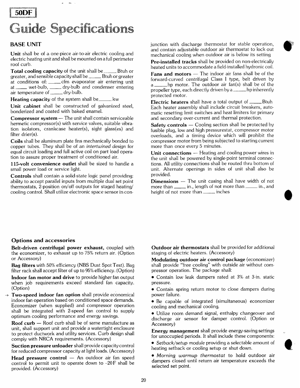 50df, Guide specifications, Base unit | Options and accessories | Carrier MODU-PAC 50DF User Manual | Page 20 / 37