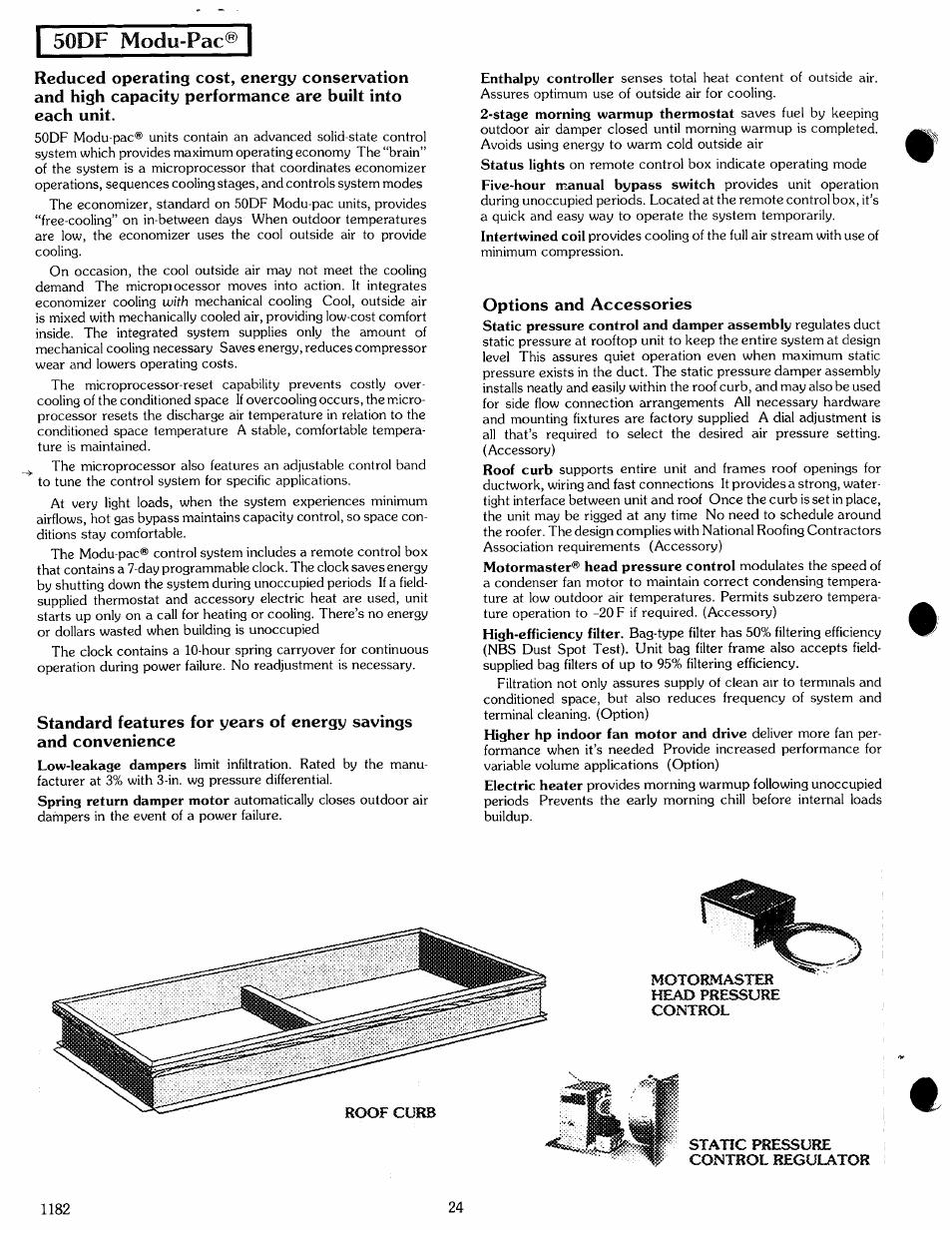 Options and accessories, Motormaster head pressure control, Static pressure control regulator | I 50df modu-pac | Carrier MODU-PAC 50DF User Manual | Page 24 / 37