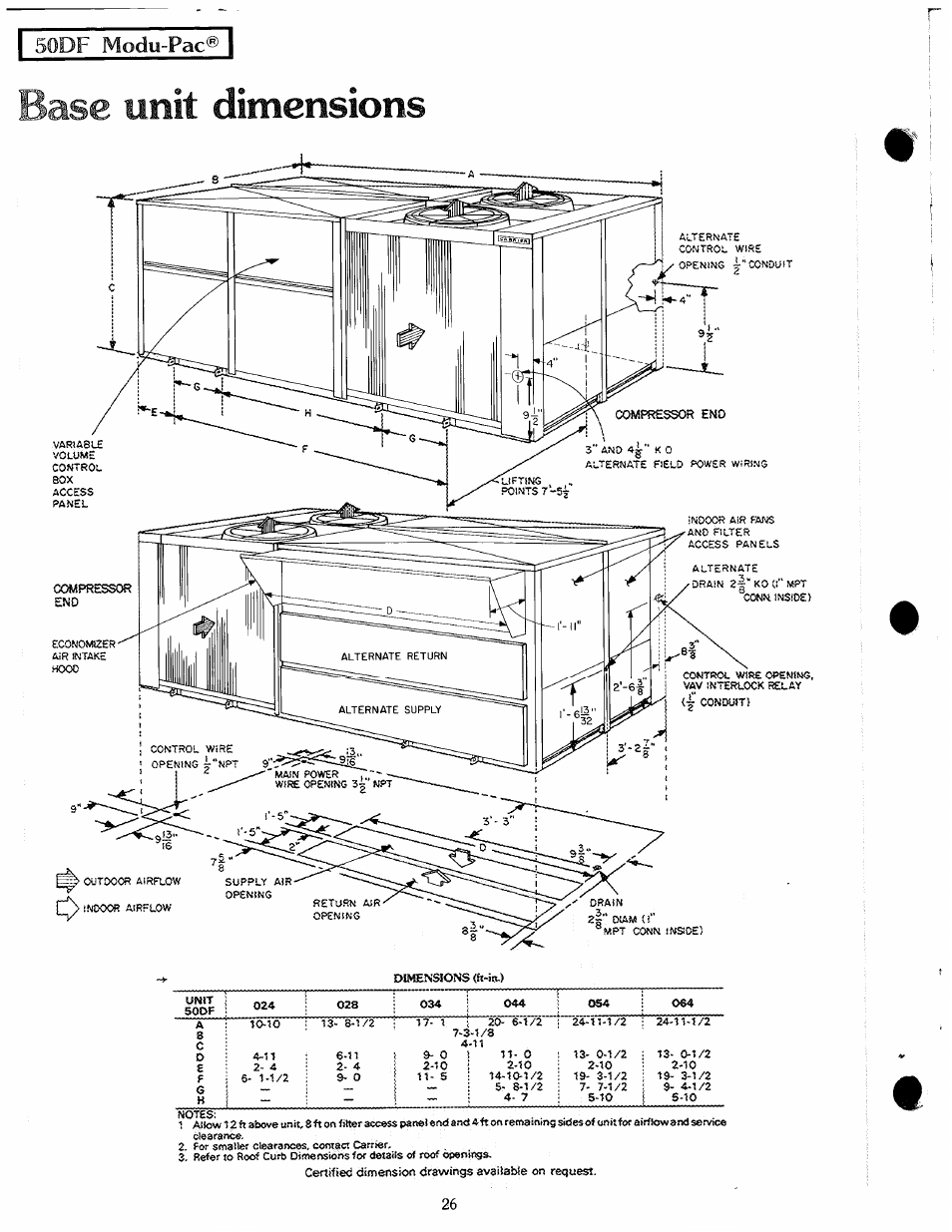 Base unit dimensions | Carrier MODU-PAC 50DF User Manual | Page 26 / 37