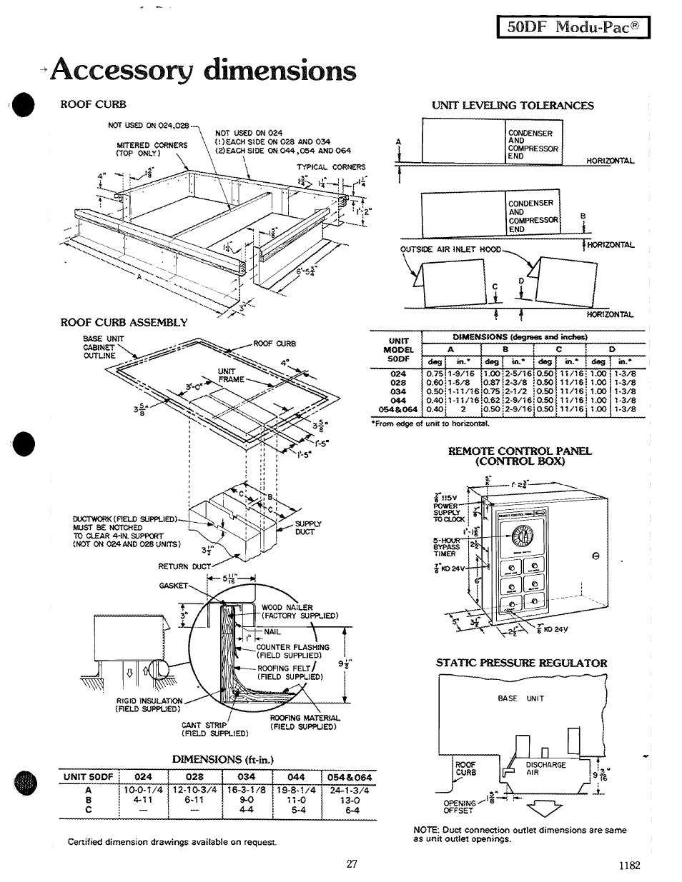 50df modu-pac, Unit leveling tolerances, Remote control panel {control box) | Static pressure regulator, Dimensions (ft-m.), Accessory dimensions, T. п l ___ j d | Carrier MODU-PAC 50DF User Manual | Page 27 / 37