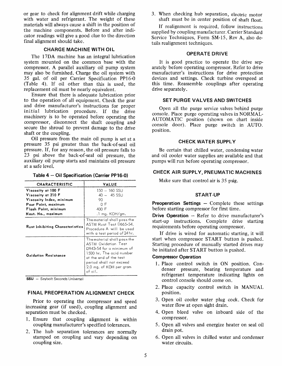 Charge machine with oil, Final preoperation alignment check, Operate drive | Set purge valves and switches, Check water supply, Check air supply, pneumatic machines, Start-up | Carrier 17DA User Manual | Page 5 / 8