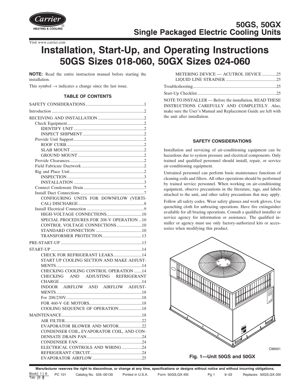 Carrier SINGLE PACKAGED ELECTRIC COOLING UNITS 50GX User Manual | 28 pages